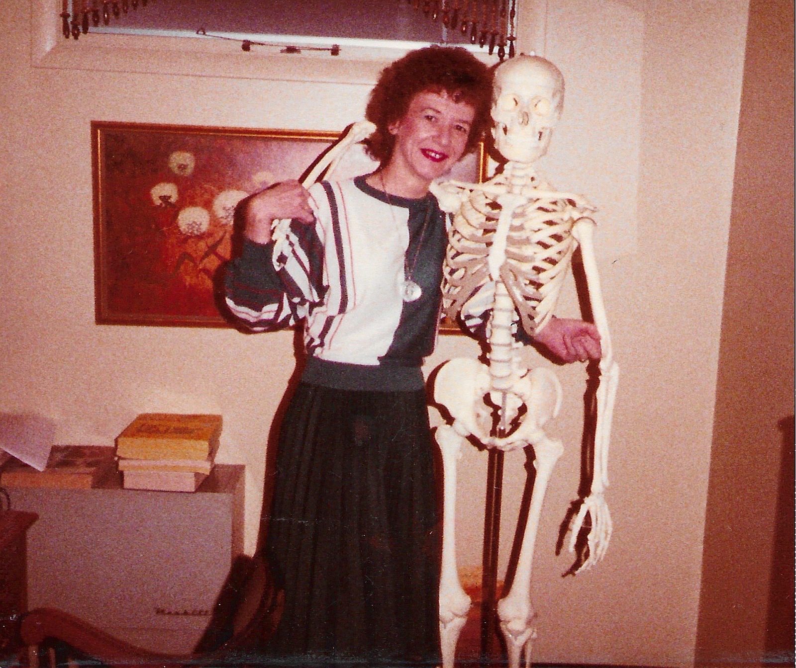 SSMC Administrator Betty Allen with a model skeleton