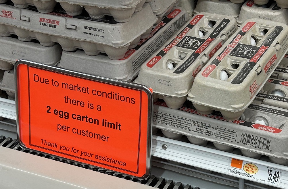 A sign at a grocery store limiting customers to two carton of eggs due to bird flu shortages.