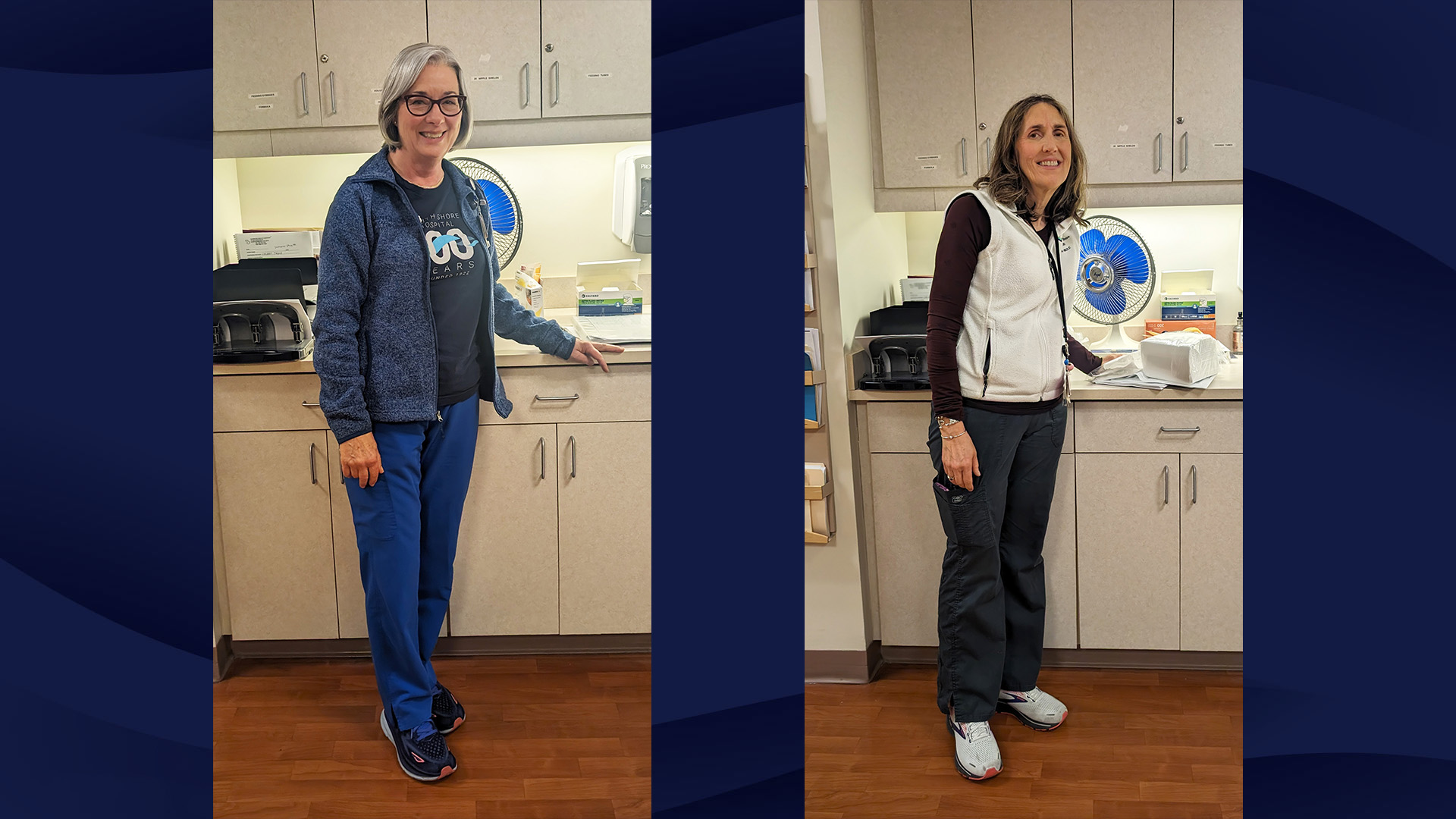 Photos of lactation consultants Hilary (left) and Michelle (right) on a patterned navy blue background.