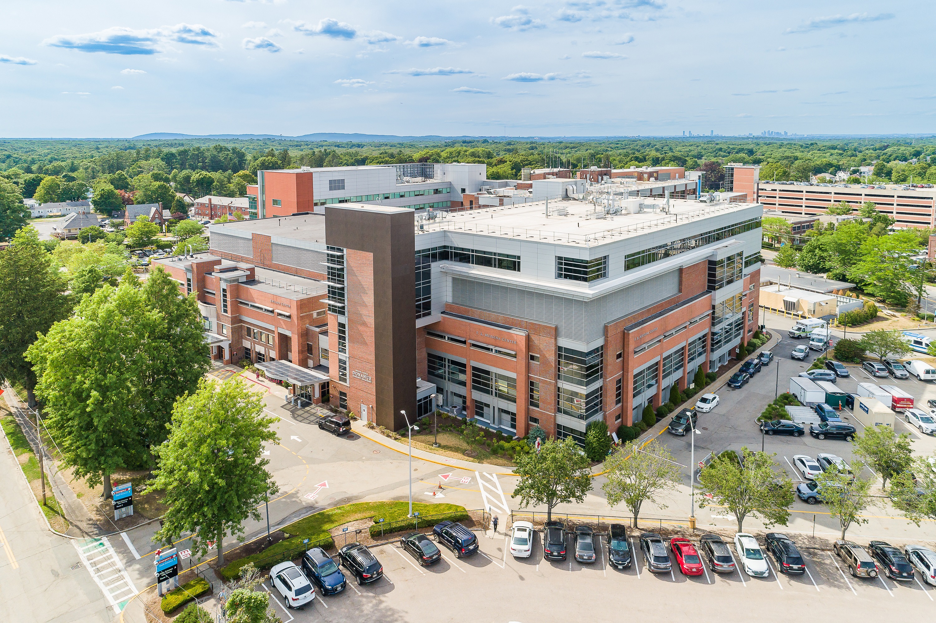 The exterior of South Shore Hospital as seen by a drone, facing the Emergency Department Entrance.