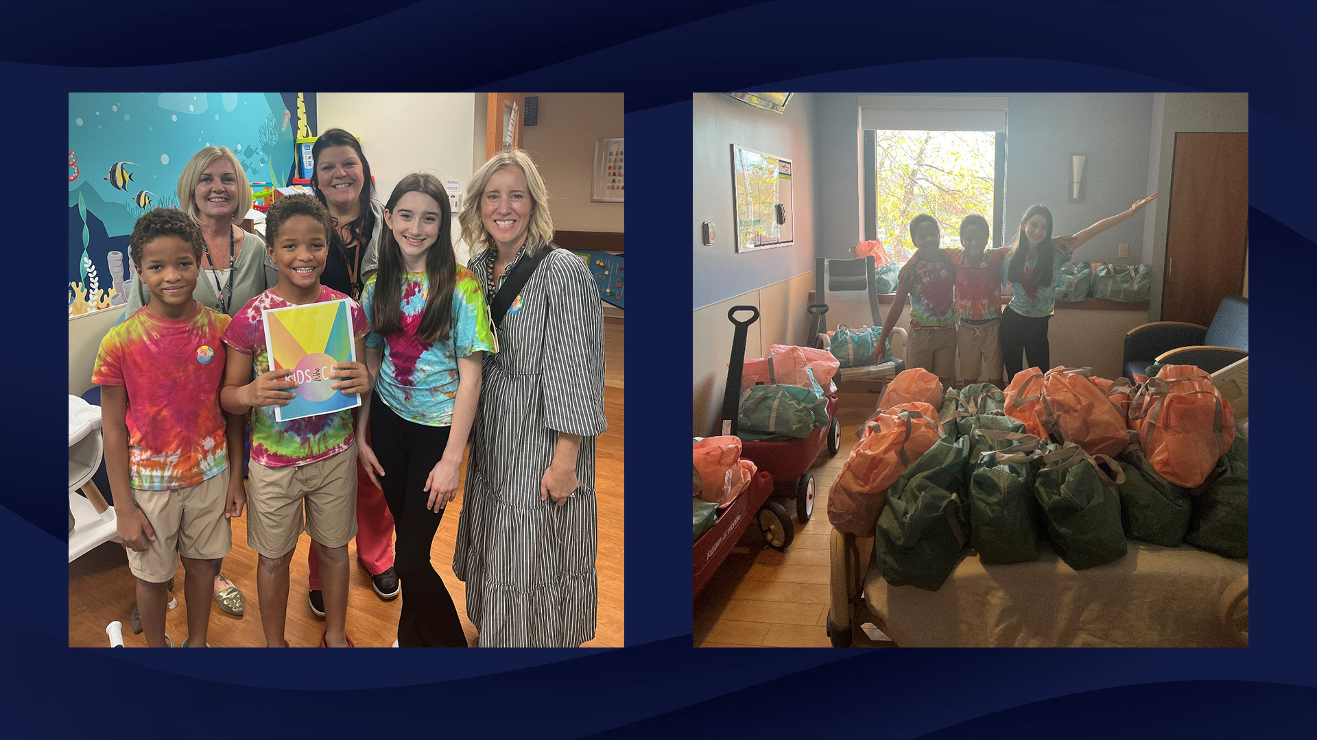Two photos showing kids from Kids Who Care posing for a photo with South Shore Health staff and with their donated duffel bags