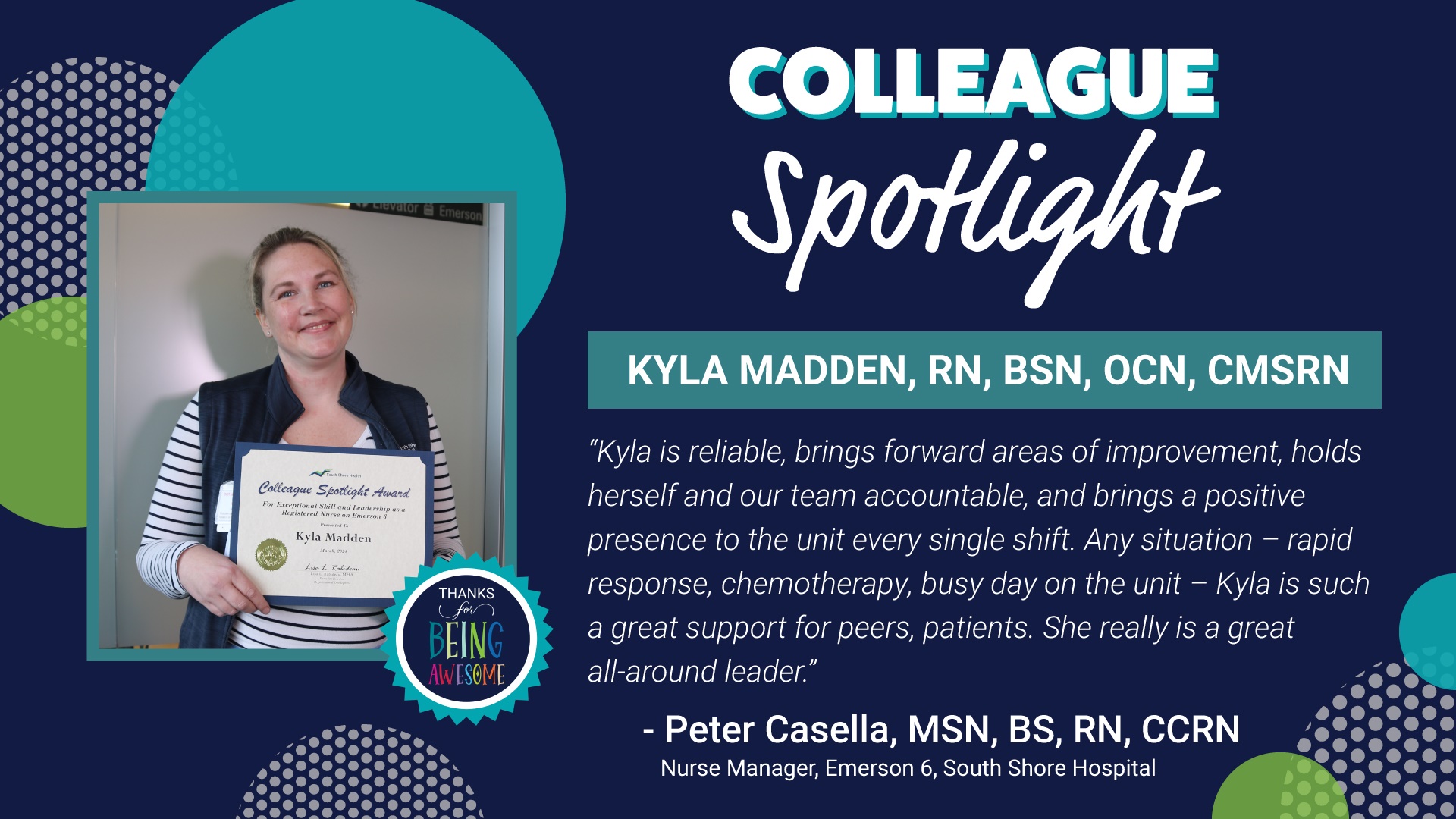 Photo of Kyla Madden holding a certificate inside a graphic featuring "Colleague Spotlight" text and shapes.