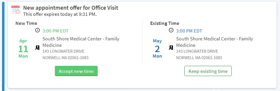 A screenshot of South Shore Health's MyChart platform