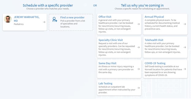 A screenshot of South Shore Health's MyChart platform