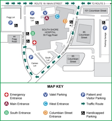 map of parking locations at South Shore Hospital