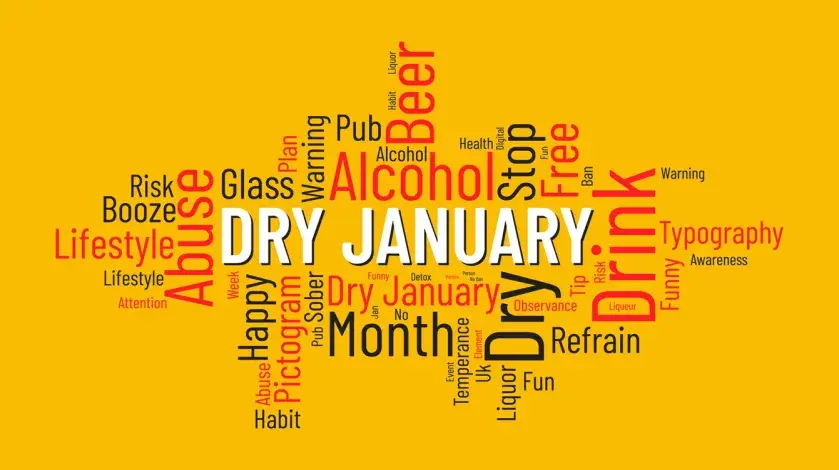 A graphic with words associated with Dry January