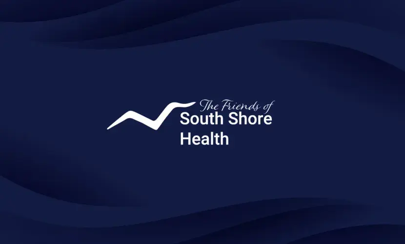 A white logo for The Friends of South Shore Health on a navy background