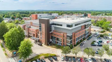 The exterior of South Shore Hospital as seen by a drone, facing the Emergency Department Entrance.